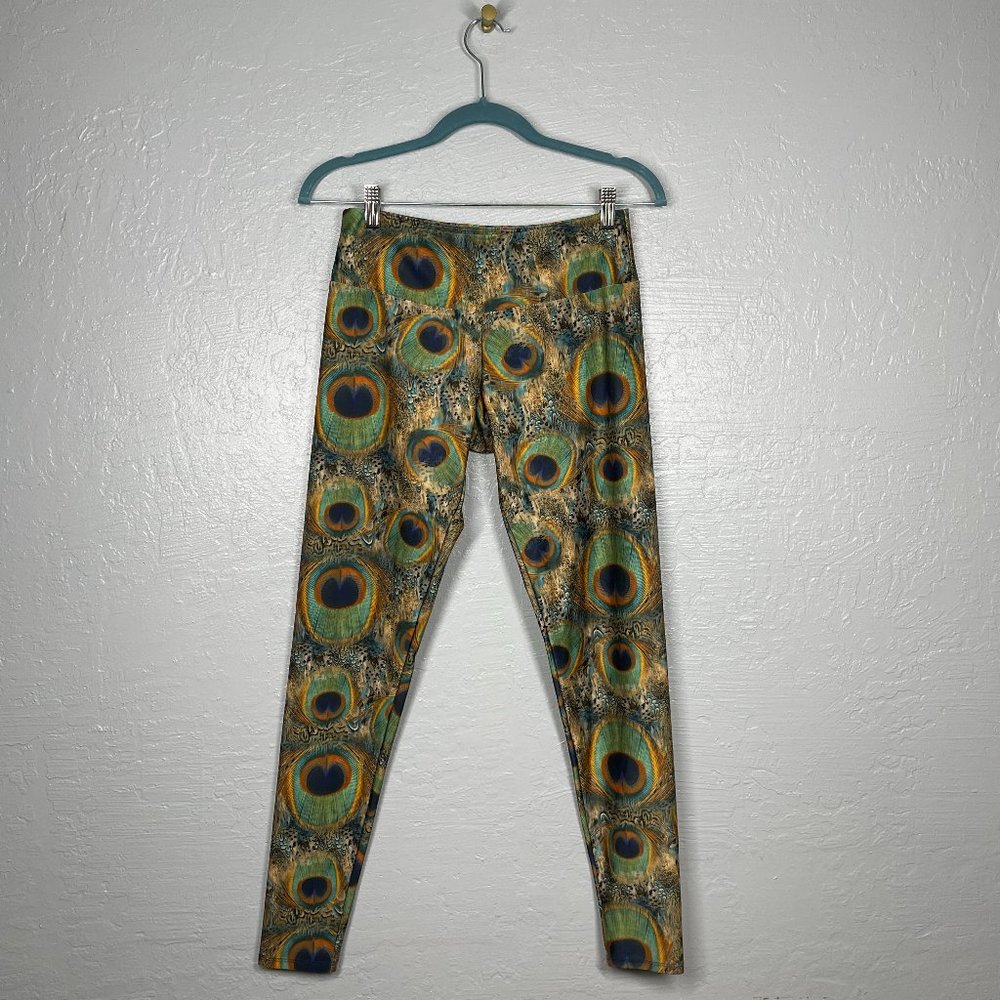 Onzie Size M Leggings Peacock Feather Print Brown Blue Green Fitness Athletic